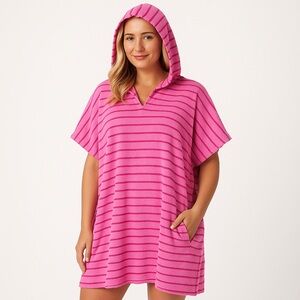 AmberNoon II Terry Stripe Poncho Cover-Up | Size L |‎ Pink | QVC